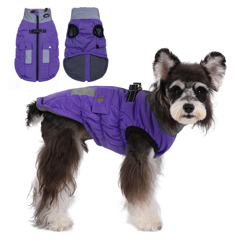 Gyuzh Dog Coat Jacket Vest Clothes Dog Harness Coat Adjustable Reflective Dog Jackets with Pockets and Faux Fur Collar Winter Waterproof Dog Coats for Small Medium Large Dogs (Medium, Purple) - BeesActive Australia