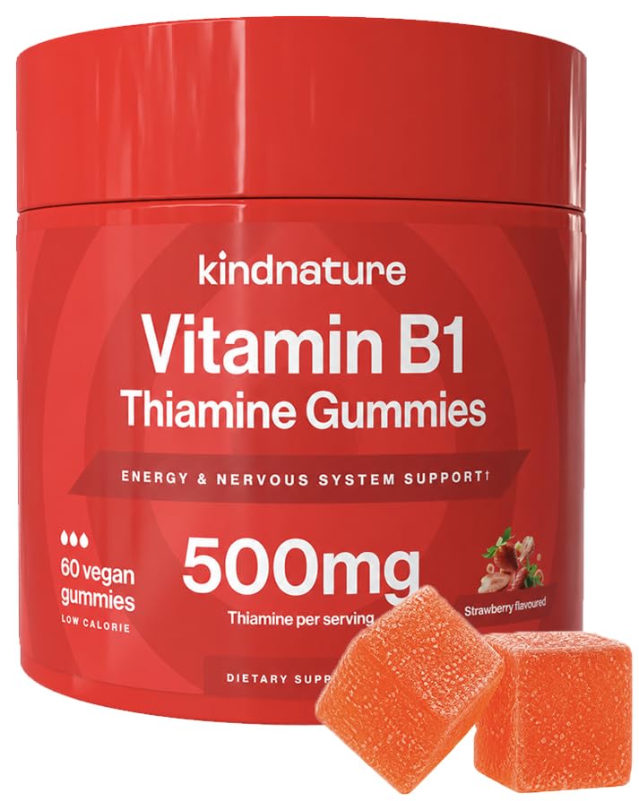 kindnature Vitamin B1 Gummies 500mg – High Potency Thiamine Supplement for Energy, Focus & Nervous System – Vegan, Non-GMO Chewable B1 Vitamins for Adults & Kids – Natural Strawberry Flavor – 60 Ct