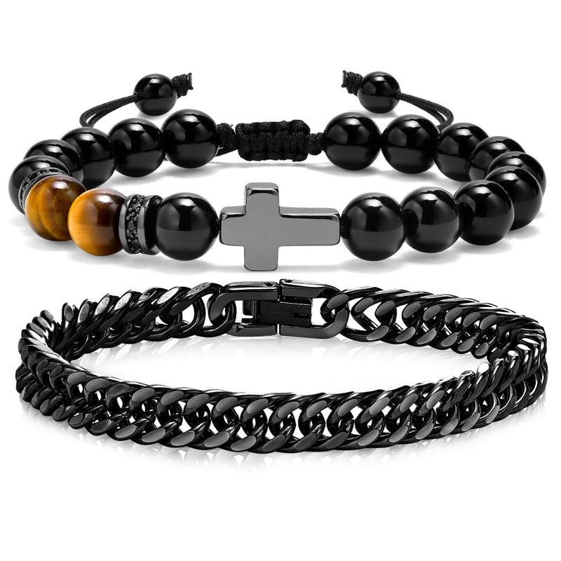 MEALGUET 2 pcs Men's Stainless Steel Bracelets : Black Gemstone Tiger Eye and Agate Cross Beaded Bracelet and Stainless Steel Chain Matching Bracelets Set for Men or Women,Men's Jewelry Gift 8.4"black chain+cross bead bracelet - BeesActive Australia