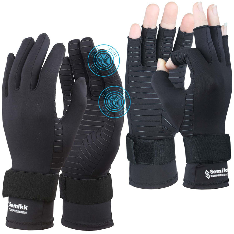2 Pairs Arthritis Gloves for Women Men, Relieve Hand Pain, Copper Gloves for Carpal Tunnel, Crochet, Open/Full Finger Compression Gloves with Touchscreen Tips & Wrist Strap (Small/Medium) Black- Open Finger(1 Pair)+full Finger(1 Pair) Small-Medium - BeesActive Australia