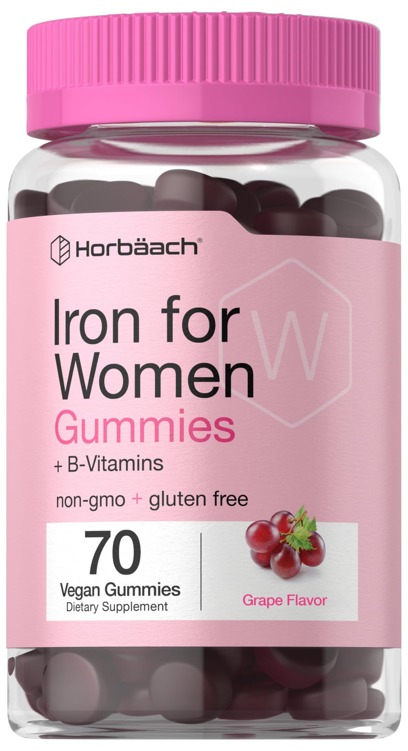 Horbäach Iron Gummies for Women | 70 Count | Grape Flavor | Supplement with B Vitamins Folate and Zinc | Vegan, Non-GMO & Gluten Free