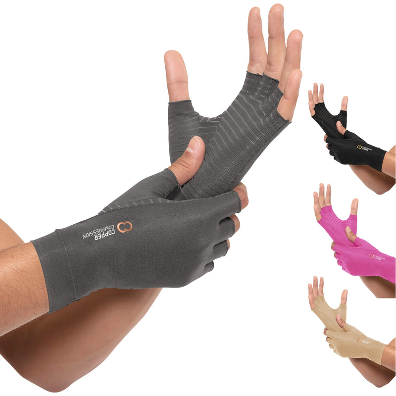 Copper Compression Arthritis Gloves | Fingerless Arthritis Carpal Tunnel Pain Relief for Men & Women | Hand Support Wrist Brace for Neuropathy, Rheumatoid, Tendonitis, Swelling, Typing Grey Small Small (1 Pair)