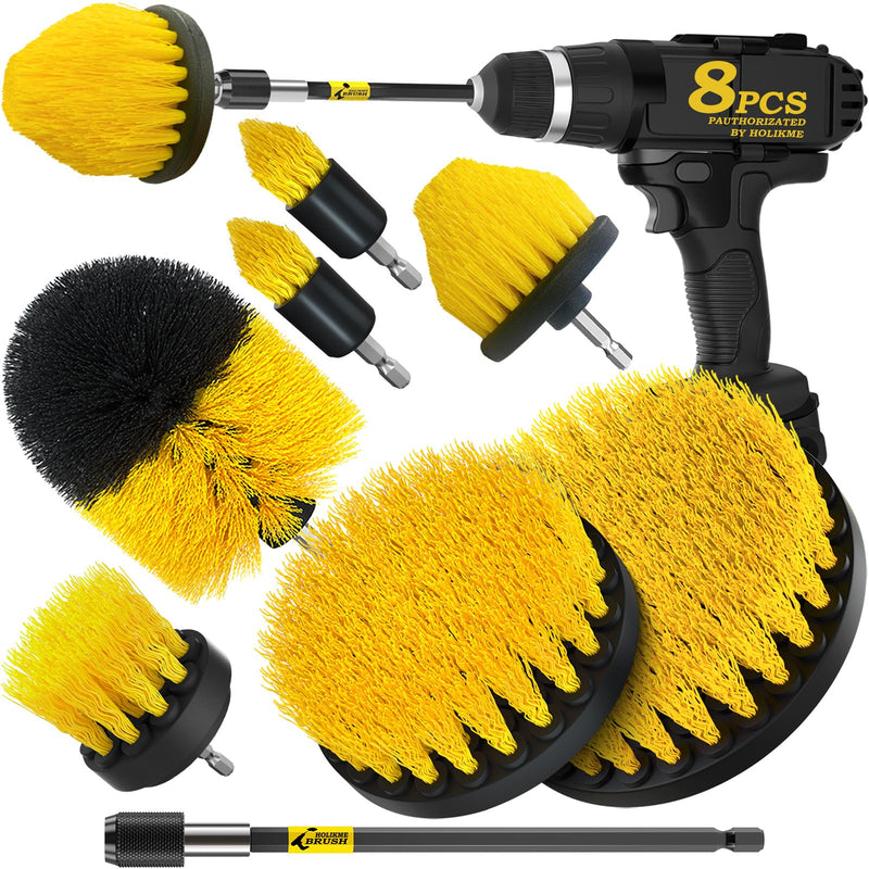 Holikme 8 Piece Drill Brush Attachments Set, Power Scrubber with Extend Long Attachment，Cleaning Supplies for Bathtub, Shower, Grout, Tile(Yellow) Yellow - BeesActive Australia