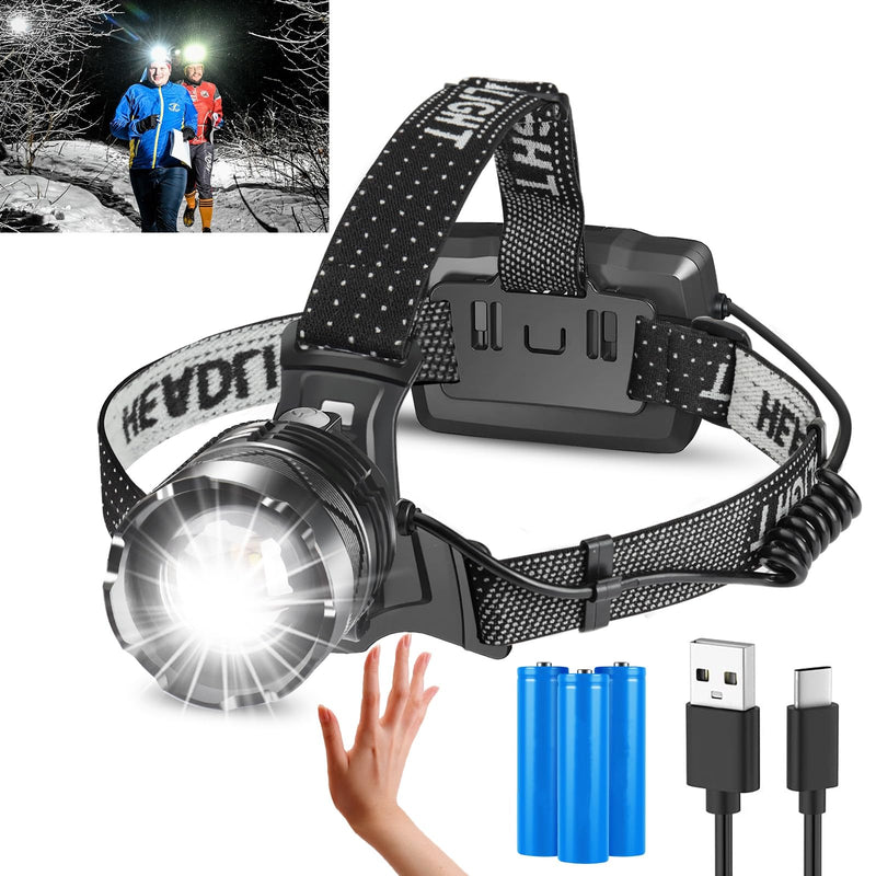 Headlamp Rechargeable, 5000 Lumen Bright Headlamp, 60H Long Battery Life, 3 Modes & Sensor, Zoomable, Battery Powered Headlamps, Power Display, Waterproof Head Lamp for Camping, Hunting