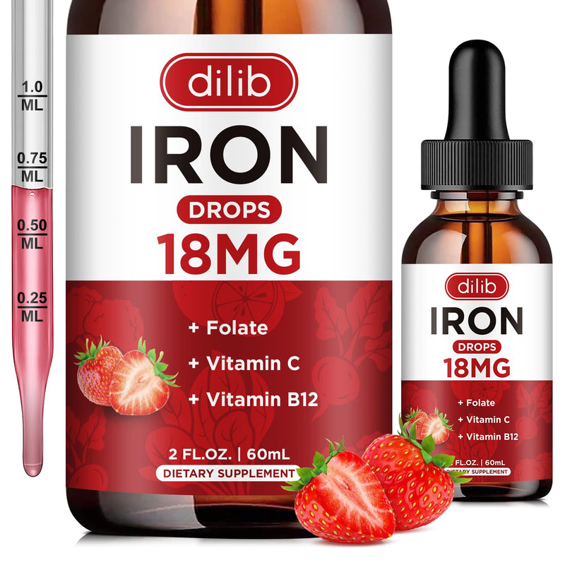 Liquid Iron Supplement for Women & Men Iron Drops Iron Supplements for Anemia with Folate, Vitamin C, B12 for Red Blood Cell Support-Strawberry, 2 Fl Oz Strawberry 2 Fl Oz (Pack of 1)