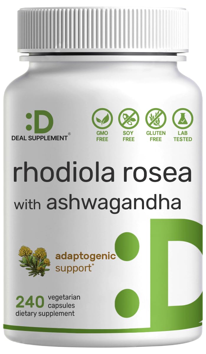 DEAL SUPPLEMENT Rhodiola Rosea with Ashwagandha 5,000mg Per Serving, 240 Veggie Capsules ‚Äì Max Strength 10:1 Root Extract ‚Äì Adaptogenic Supplements for Relaxation, Energy, & Brain Health ‚Äì Non-GMO