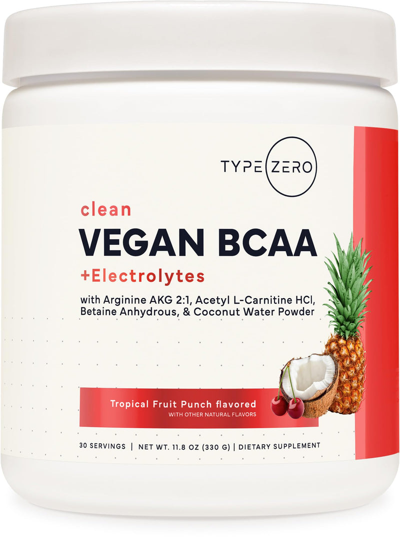 Type Zero Ultra Clean Vegan BCAA Powder + Electrolytes Tropical Fruit Punch | 6g Per Serving, 2:1:1 Sugar-Free, No Sucralose, BCAAs Amino Acids Supplement, After Workout Drink, 30 Servings