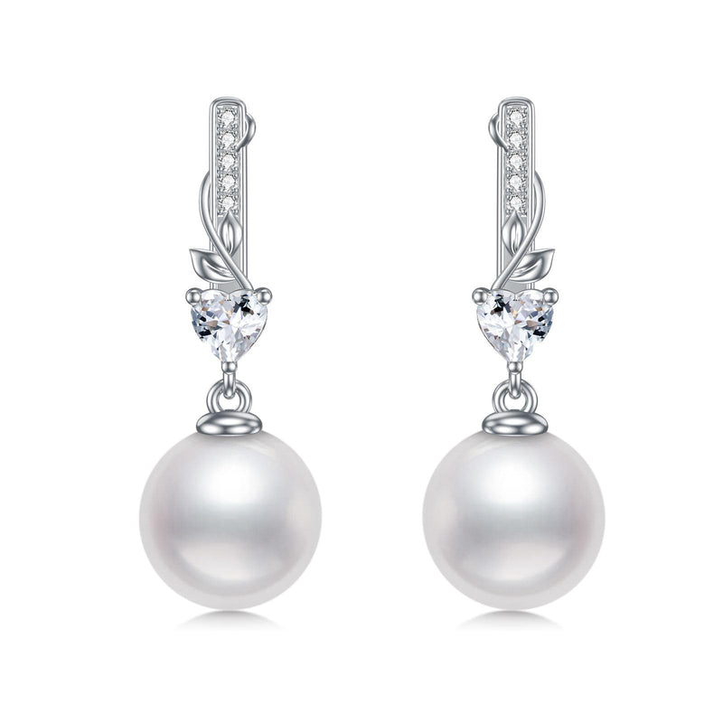 Sterling Silver White Gold Stud Pearl Earring Leaft Heart Zircon Crystal Bridal Wedding Jewelry Bridal Bridesmaid Mother Birthday Gift - BeesActive Australia