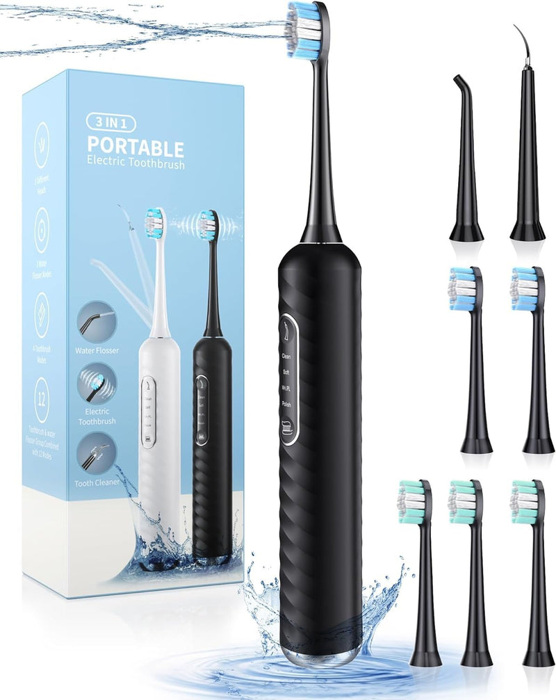 Electric Toothbrush with Water flosser, 3 in 1 Teeth Cleaning Kit with 7 Modes, Electric Toothbrush and flosser Combofor Adults, Water Flosser Portable for Travel and Home (Black) Black - BeesActive Australia