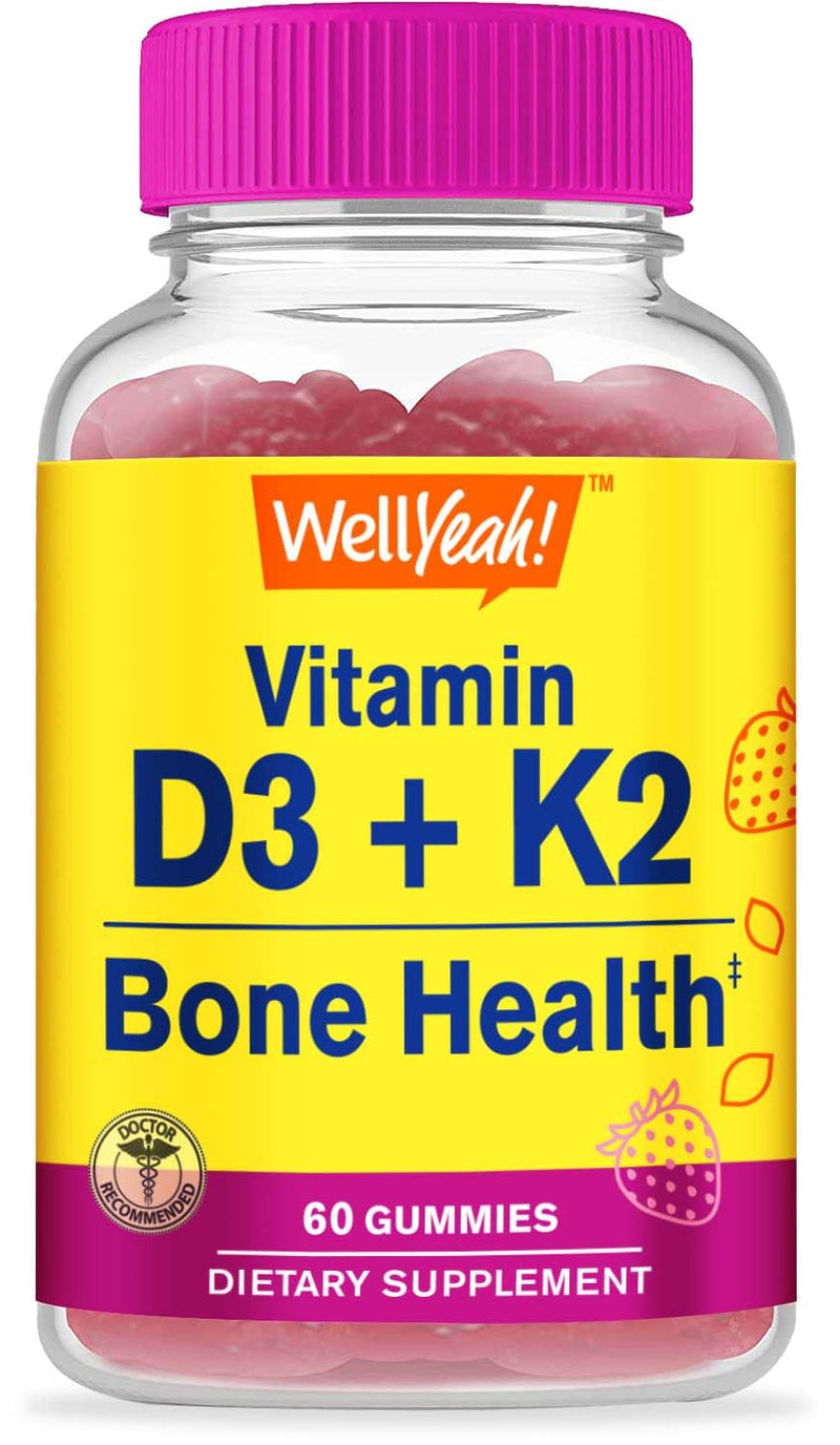WellYeah Vitamin D3 + K2 Gummies - Vitamin D3 1000 IU, K2 100 MCG - Bone and Muscle Health Support, Natural Flavors, GMO Free, Gluten Free, Vegan - K2 D3 Vitamin Supplement- 60 Gummies 60 Count (Pack of 1)