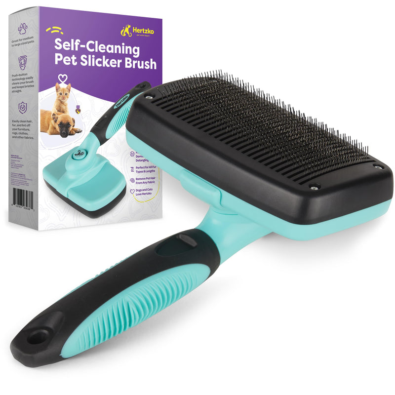 Hertzko Dog & Cat Brush, Dog Brush for Shedding, Cat & Dog Grooming, Self Cleaning Slicker Brush for Pets, Grooming Brushes for Long Short Haired Dogs Cats, Deshedding Brush, Rake, Comb - Aqua Aqua Brush - BeesActive Australia