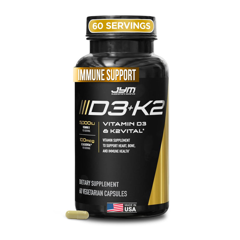 JYM D3 + K2 Supplement, 5000 IU Vitamin D3, 100 mcg K2 MK7-60 Veg Caps | Bone, Heart & Immune Health Support, Enhanced Calcium Absorption, Vitamin D3 & K2 as MK7, Men & Women 60 Count (Pack of 1)