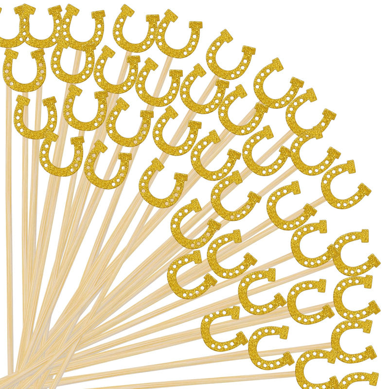 Whaline 300 Pcs Cocktail Picks 5.1'' Horseshoe Bamboo Cupcake Toppers Cocktail Skewer Gold Glitter Food Fruit Picks with Sticks Glue Points for Western Theme Party Birthday Baby Shower Supplies - BeesActive Australia