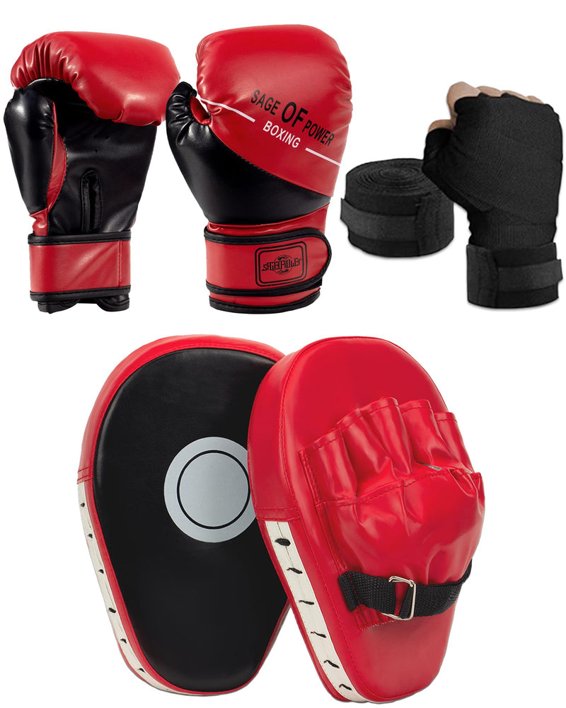 3-in-1 Boxing Gloves and Punching Mitts Set for Kids, Sports Boxing Gloves Boxing Pads with Hand Wraps, Kids Boxing Equipment Set for MMA, Karate, Muay Thai, Taekwondo Red 6oz