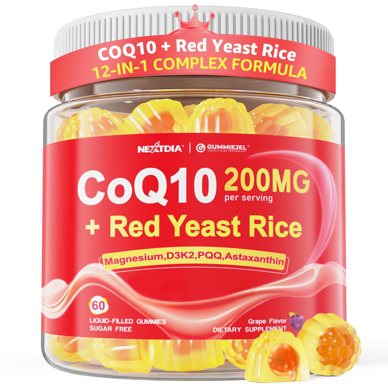 Red Yeast Rice Gummies 600mg & CoQ10 200mg for Adult, 12-in-1 High Absorption Coenzyme Q10 Supplement Plus Omega 3, PQQ, Astaxanthin, Methyl B12, Support Brain, Energy, Immunity, Antioxidant, 60Cts 60 Count (Pack of 1)