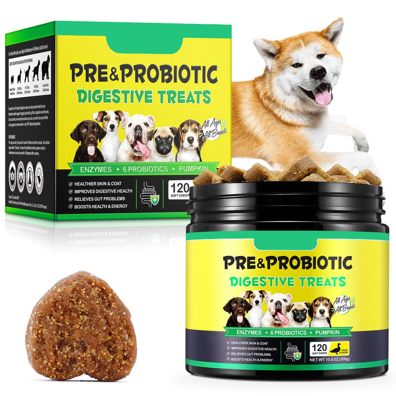 Probiotics for Dogs, 120 Chews Dog Probiotics Treats, Digestive Treats Dogs and Digestive Enzymes, Dog Digestive Health Gut, Immune Bowel Support, Reduce Diarrhea, Gas, Itchy Relief