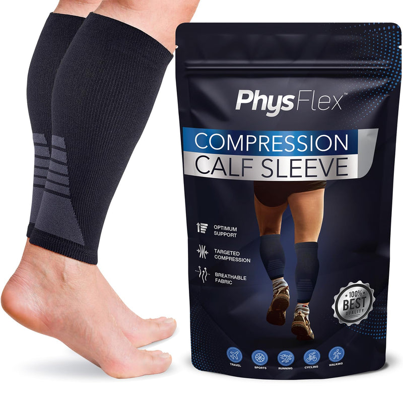 Calf Compression Sleeves for Men and Women - Footless Compression Socks Support for Varicose Vein, Nursing, Pregnancy, Running - PhysFlex Leg Sleeve Brace for Shin Splints, Pain Relief and Reduces Swelling (Black, Medium) Black - BeesActive Australia