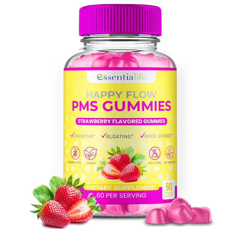 PMS Gummies - Happy Flow PMS Support Supplement for Women - Strawberry PMS Relief Supplement with Vitamin B6 for Hormone Balance, Period Support, Cramps, Hormonal Acne & Bloating Relief (60 Count) 60 Count (Pack of 1)
