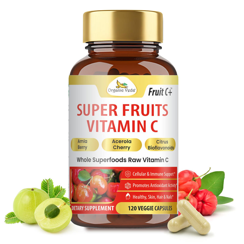 Organic Veda Super Fruits Vitamin C Supplement - Amla Fruit & Acerola Vitamin C Capsules with Bioflavonoids for Daily Immune Support - Organic Whole Food Fruit C+ Antioxidants Complex, 120 Vegan Pills