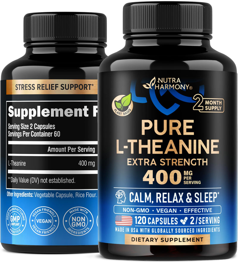 L Theanine 400 mg | L-Theanine Stress Relief | Extra Strength Supplement | Made in USA | Relaxation, Sleep & Calm Support | for Men & Women | Plant Based, Non-GMO & Gluten-Free | 120 Vegan Capsules 120 Count (Pack of 1)