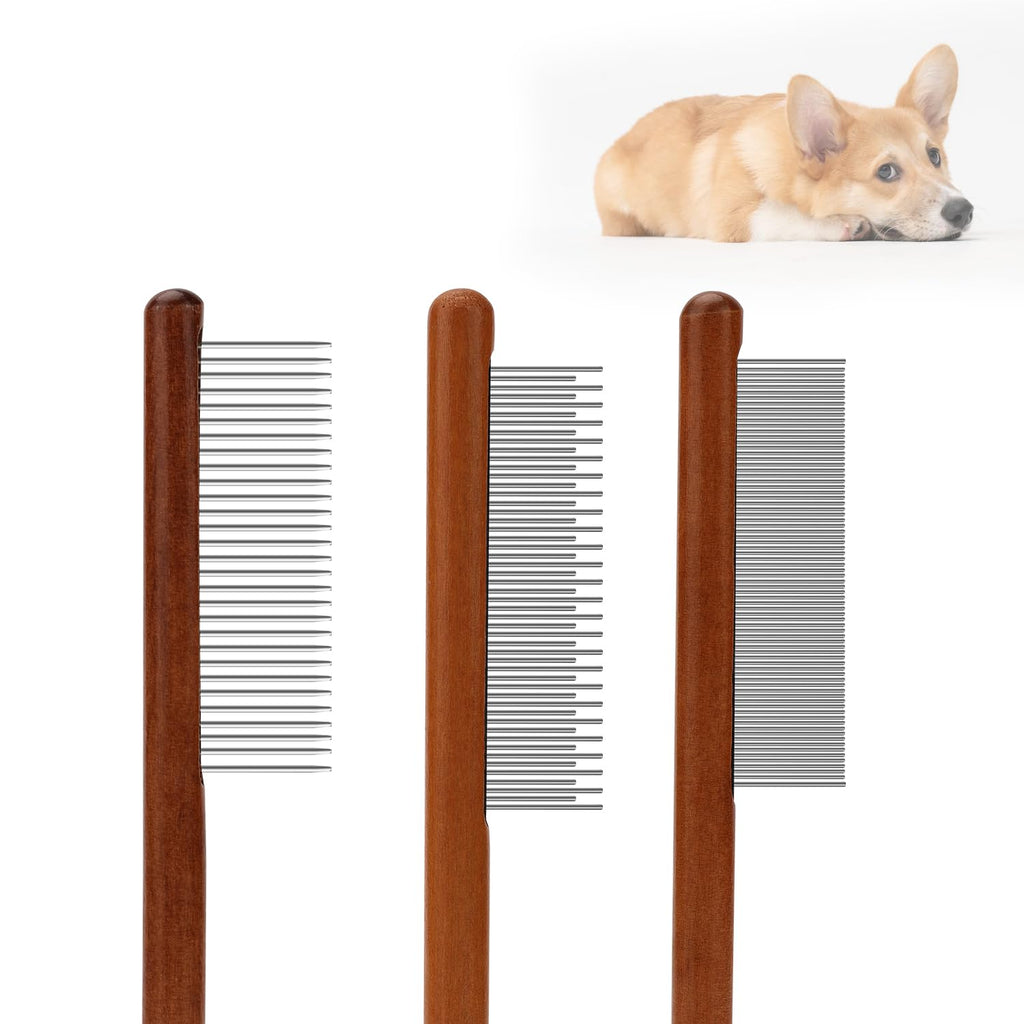 3pcs Grooming Comb for Pets, Solid Wooden Cat Combs with Wide & Narrow Rounded-Tip Teeth Pet Hair Comb Metal Flea Lice Tick Comb for Cats Dogs Rabbits Tangled Hair (3 Sizes）