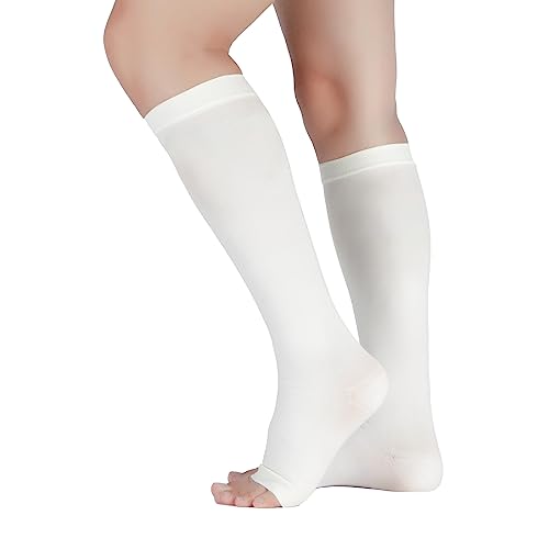 Lin Performance Medical Compression Socks for Women and Men, 20-30 mmHg Open Toe Knee High Stockings, Leg Support for Daily & Travel Comfort (L,White) Large White