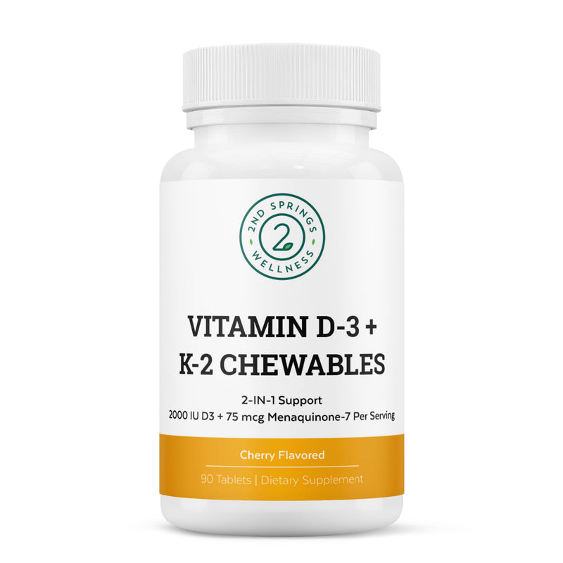 Vitamin D3 + K2 Chewables, Cherry Flavored | 2000 IU Vitamin D, MK7 K2 (Menaquinone-7), Tablets, For Adults and Kids