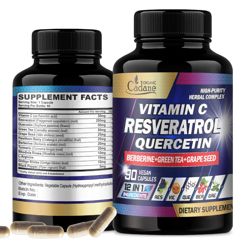 Organic Cadane Resveratrol Supplement - 12in1 Blended with VIT.C, Quercetin, Berberine, Turmeric, Green Tea & More - 90 Capsules 3 Month