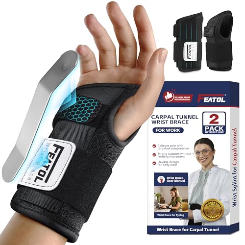 FEATOL 2 Pack Carpal Tunnel Wrist Brace For Work With Wrist Splint, 6.5'' Hand Brace Night Support For Women Men, Pain Relief For Tendonitis, Arthritis, Pregnancy, Typing, Right and Left Hand, Small Black