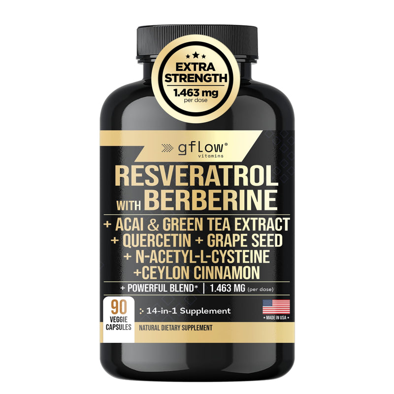 gflow vitamins Resveratrol Supplement with Berberine Green Tea Extract, Ceylon Cinnamon, Grape Seed & Quercetin1000mg Quercetin, N Acetyl cysteine, Acai | 100% Natural, Max Strength | Made in USA