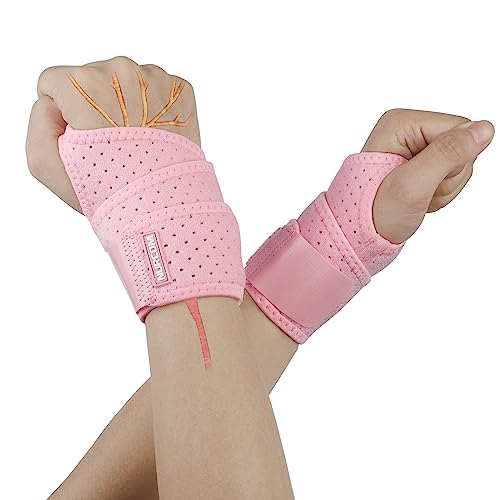 NURCOM 2 Pack Wrist Brace, Adjustable Compression, Pink One Size