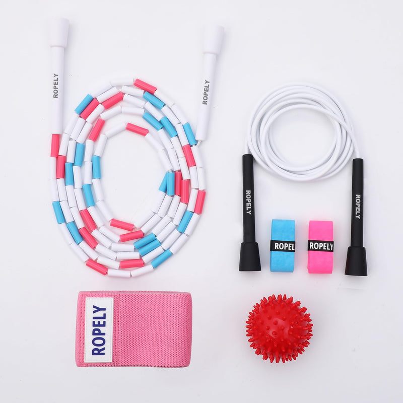 Skipping Rope 6-in-1 Jump Rope Set Beginner Friendly with Tangle Free Segmented Beaded Rope, PVC Rope, Massage Ball, Resistance Band, and Handle Tapes, Adjustable Length Pink/Blue