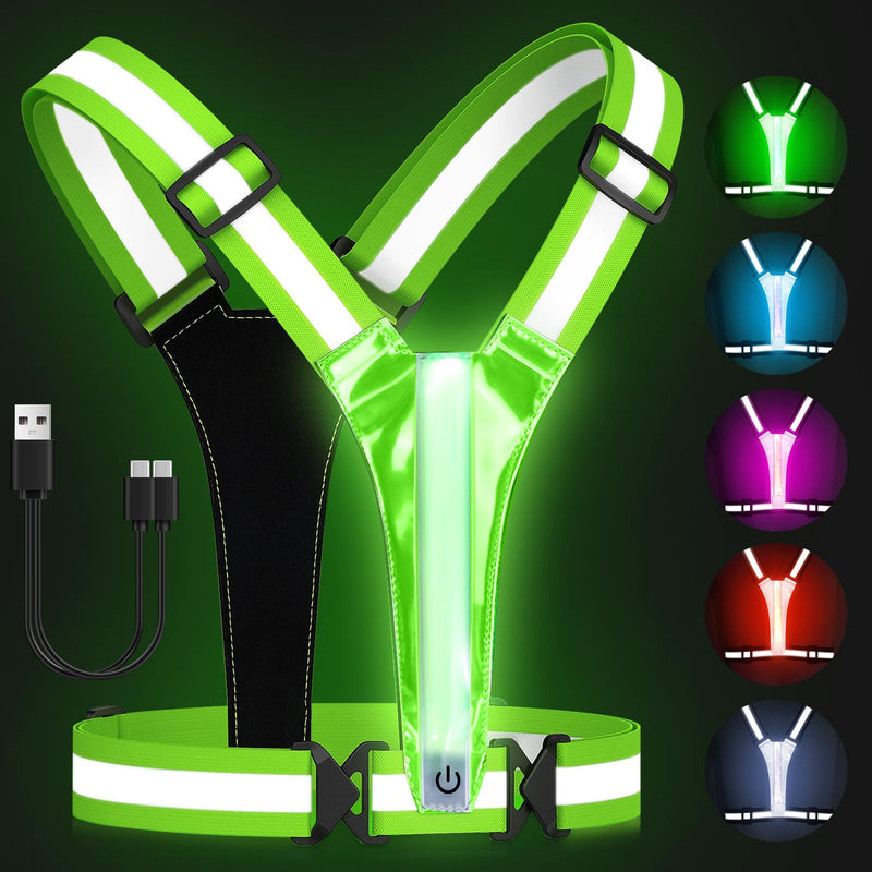 Zacro LED Reflective Vest Running Gear, 5 Lights Colors High Visibility Reflective Running Gear Rechargeable Light Up Running Vest for Walking Running Cycling, Adjustable for Men Women Kids (Green) - BeesActive Australia