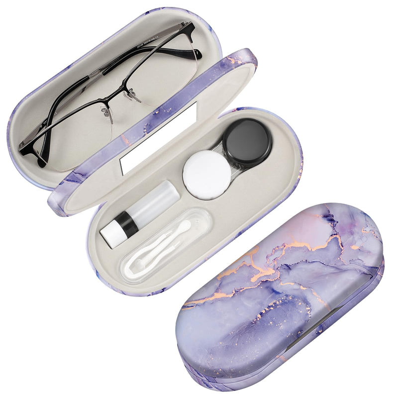 Fintie 2 in 1 Contact Lens Case and Eyeglasses Case, Double Sided Portable Eyeglasses Travel Holder with Built-in Mirror, Tweezer and Contact Lens Solution Bottle Included Lilac Marble