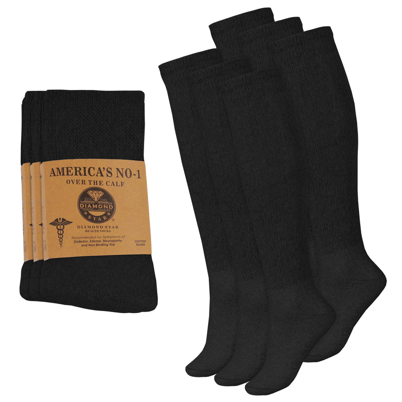 6 Pairs Diabetic Socks Over The Calf - Knee High Premium Cotton Socks Men's Size 10-13 Big & Tall Size 13-16 6 Pairs Black