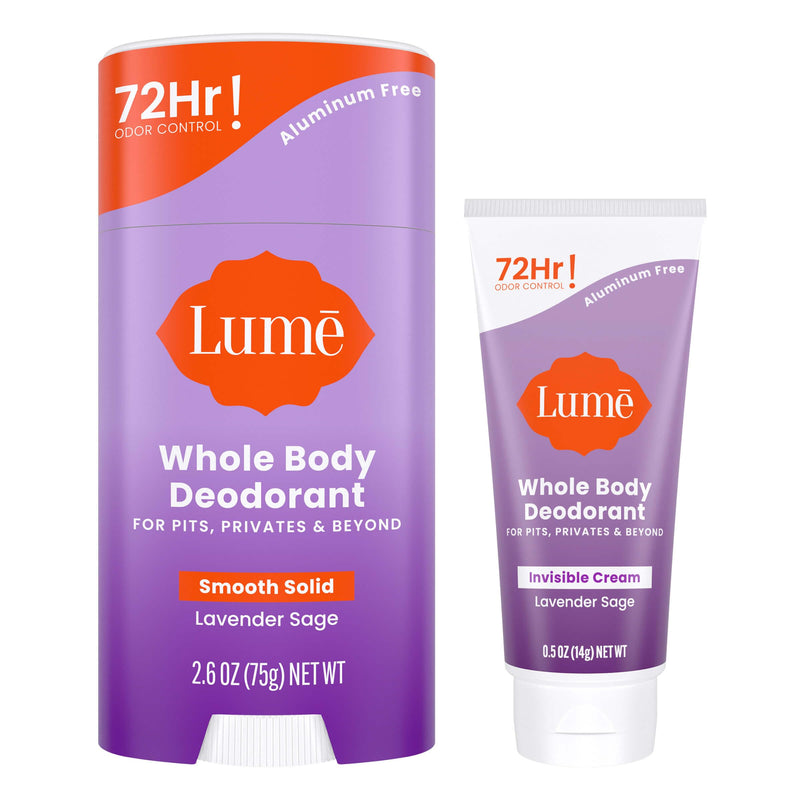 Lume Whole Body Deodorant - Invisible Cream Tube Mini and Solid Stick - 72 Hour Odor Control - Aluminum Free, Baking Soda Free, Skin Safe - 0.5 Ounce Mini Tube + 2.6 Ounce Solid Stick Bundle (Lavender Sage) Lavender Sage - BeesActive Australia