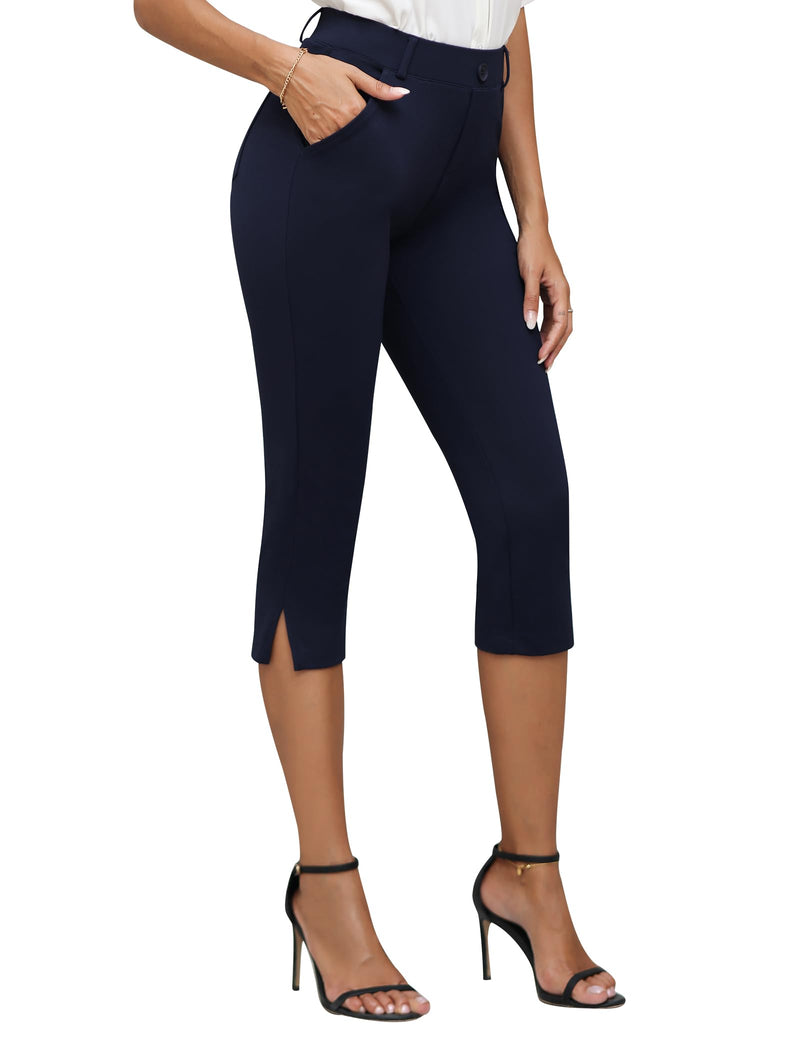 Aleture Women's Pull on Capri Dressy Office Pants, Stretch Yoga Pants Work Capri Slacks Pants Business Casual 21.5" 4 Navy - BeesActive Australia