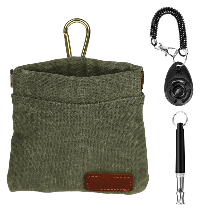 Dog Treat Pouch Training Kit, Small Puppy Treat Bag with Clip for Leash, Hands Free Auto Closure Pouches with Dog Clicker and Silent Whistle for Pet Training Olive Green - BeesActive Australia