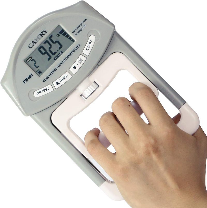 CAMRY Digital Hand Dynamometer Grip Strength Measurement Meter 198Lbs / 90Kgs Auto Capturing Electronic Hand Grip Power Grey.