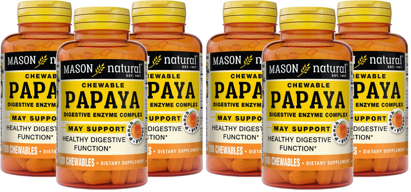 MASON NATURAL Papaya Digestive Enzyme Complex - Healthy Digestive Function, Promotes Nutrient Absorption, Peach Flavor, 100 Chewables (Pack of 6) 100 Count (Pack of 6)