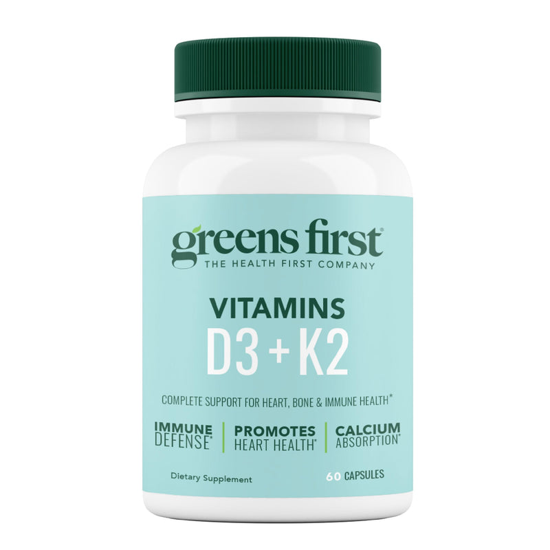 Greens First Vitamins D3+K2, 60 Vegetable Capsules | Support for Heart, Bone, Vascular and Immune Health, Made with Vitamin D3 & Vitamin K2