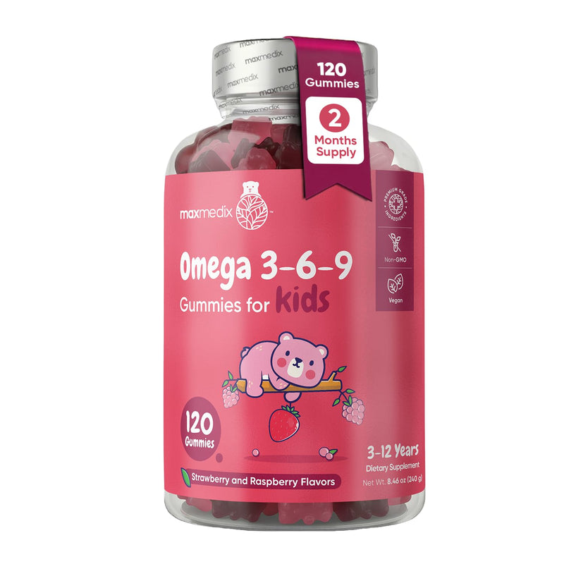 maxmedix Kids Omega 3 6 9 Gummies | Plant-Based Fatty Acids for Brain, Learning & Focus Support | 120 Gummies (2-Month Supply) | Omega 3 for Kids with No Fishy Taste | Strawberry & Raspberry Flavor