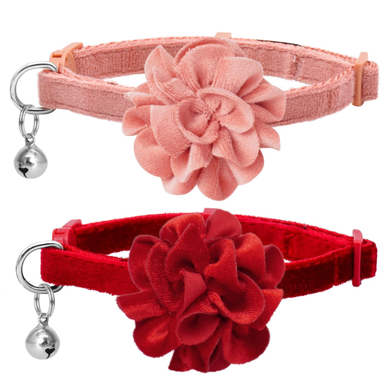 azuza 2 Pack Cat Collar Floral with Bell and Removable Flower Bowtie Breakaway Adjustable Velvet Fabric Cat Collar for Pets Valentine's Day Gift and Daily Decoration，Wine Red & Rose Pink Neck: 8"-12" Wine Red & Rose Pink - BeesActive Australia