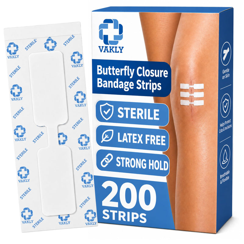 200 Sterile Butterfly Closure Bandage Strips - Adhesive Strip Stitch Bandages for Closing Skin Wounds with Non-Stick Pad - Individually Wrapped - Hypoallergenic Adhesive & Latex Free (Large (200) Large (200)