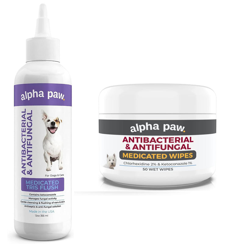 Smiling Paws Pets Comprehensive Pet Care Bundle: Tris Flush Dog & Cat Ear Cleaner Solution with Advanced Cat & Dog Skin Treatment Wipes - PawsPlanet Australia