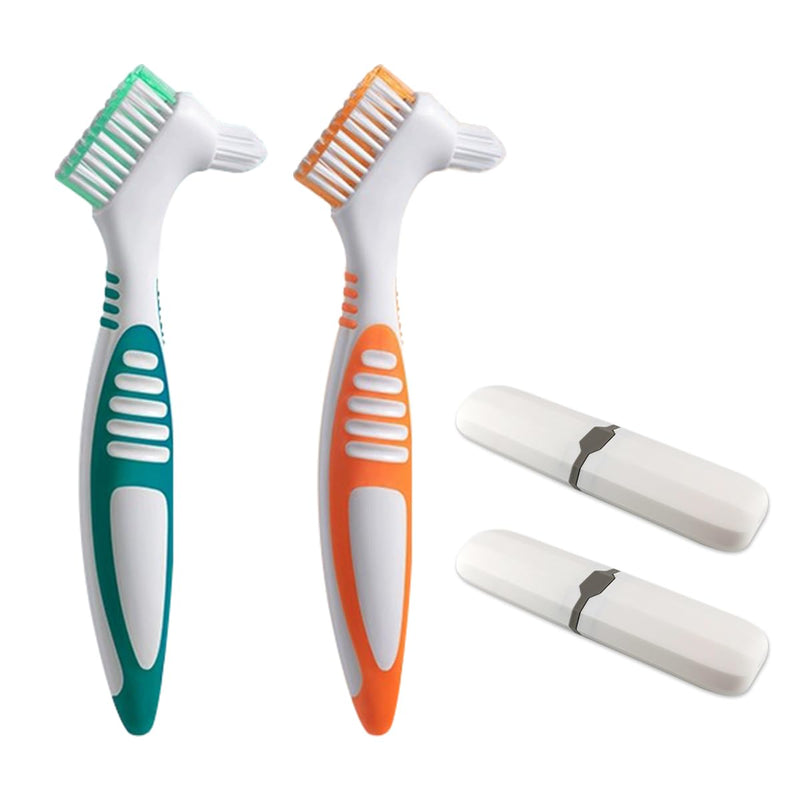 Denture Toothbrush Set, Portable Dual Head Denture Brush with Cover Case, Denture Cleaning Tool Set for Travel, Home and Camping, Dental Cleaning Brush Set for Denture Care False Teeth Cleaner Tool - BeesActive Australia