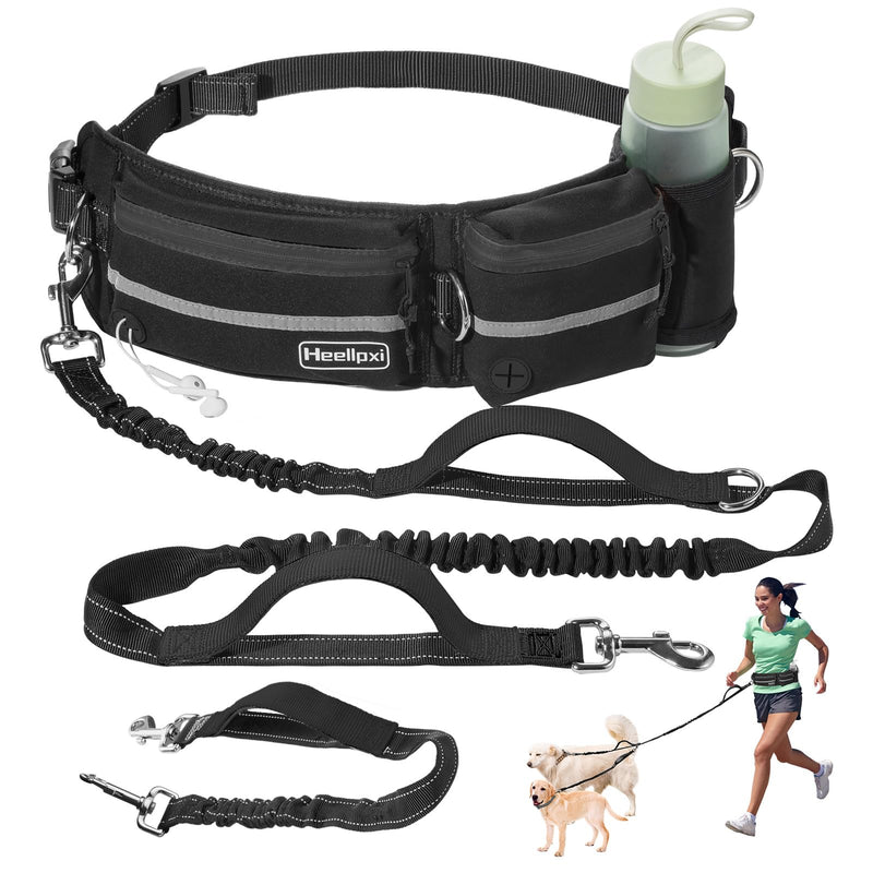 Hands-Free Dog Leash with Pouch, Waist Leash for Dog Walking with Two Dogs, Reflective Stitching, Dual Handle, Bungee Retractable Running Leash for Medium to Large Dogs Black - BeesActive Australia