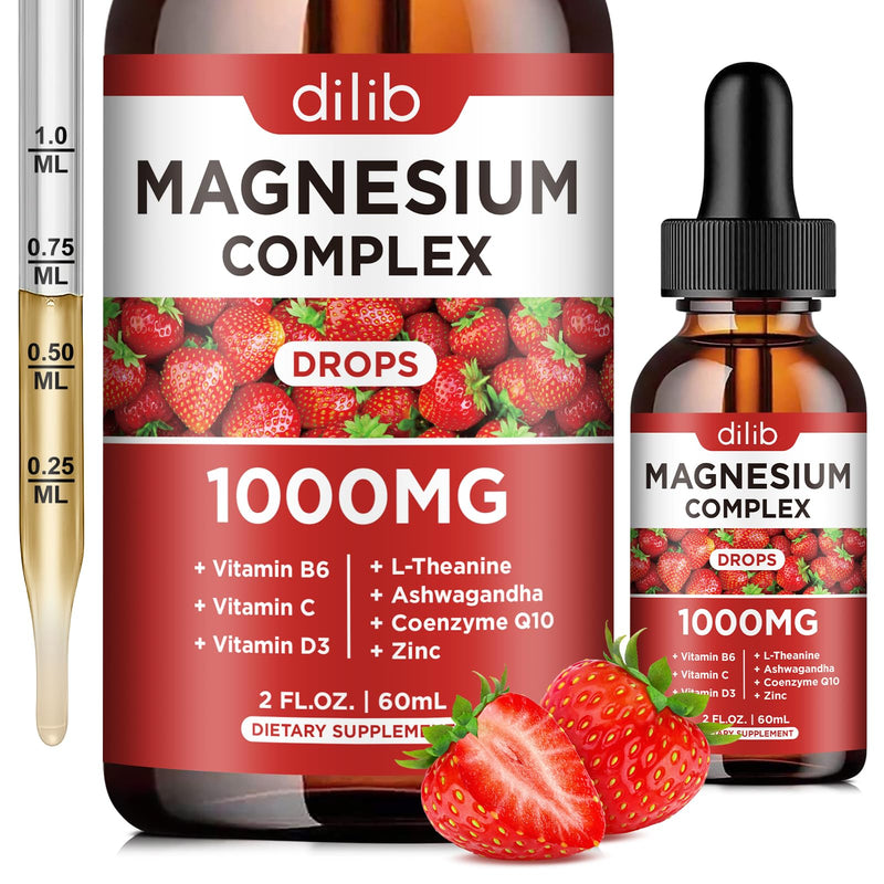 Triple Magnesium Complex Supplement, Magnesium Glycinate, Blend, Citrate Liquid Drops 1000mg with Ashwagandha, CoQ10, Vitamin B6, C, D, Zinc -Support Calm Stress Relief, Bone, Muscle, Mood Vegan Strawberry 2 Fl Oz (Pack of 1)
