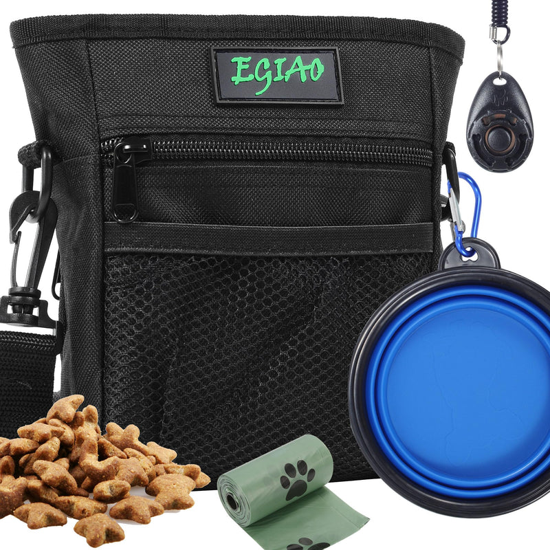 Dog Treat Pouch with Collapsible Dog Bowl, Training Clicker and Poop Bags, Treat Pouches for Pet Training, Built-in Poop Bag Dispenser, Waist Belt Clip, Puppy Treat Pouch Magnetic Closure - Black - BeesActive Australia