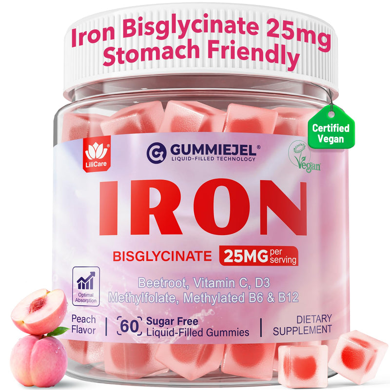 Iron Gummies for Women 25mg Plus Vitamin C, Beet Root, Vitamin B12, Folate for Iron Deficiency, Anemia, Energy Boost, Sugar Free Iron Supplement, Non-Constipating, No After Taste, 60 Cts 60 Count (Pack of 1)
